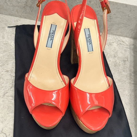 PRADA Pink Orange Patent Peep Toe Cork Wedge Pump Shoe 39.5 - Picture 2 of 10